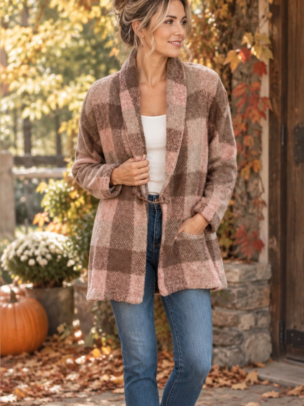 Anthropologie Moth Plaid Mohair Wool Blend OversizenCardigan Jacket M pink brown